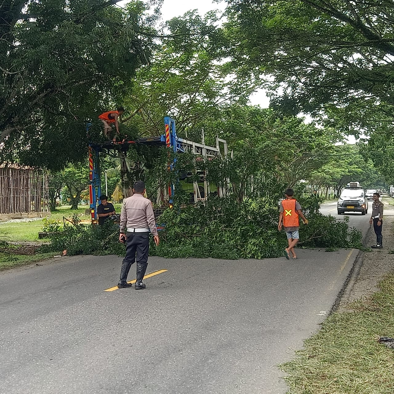 Aipda Jelni dan Bripka Indra Setiawan mengatur lalu lintas di sekitaran pohon tumbang, Selasa (14/3/23).